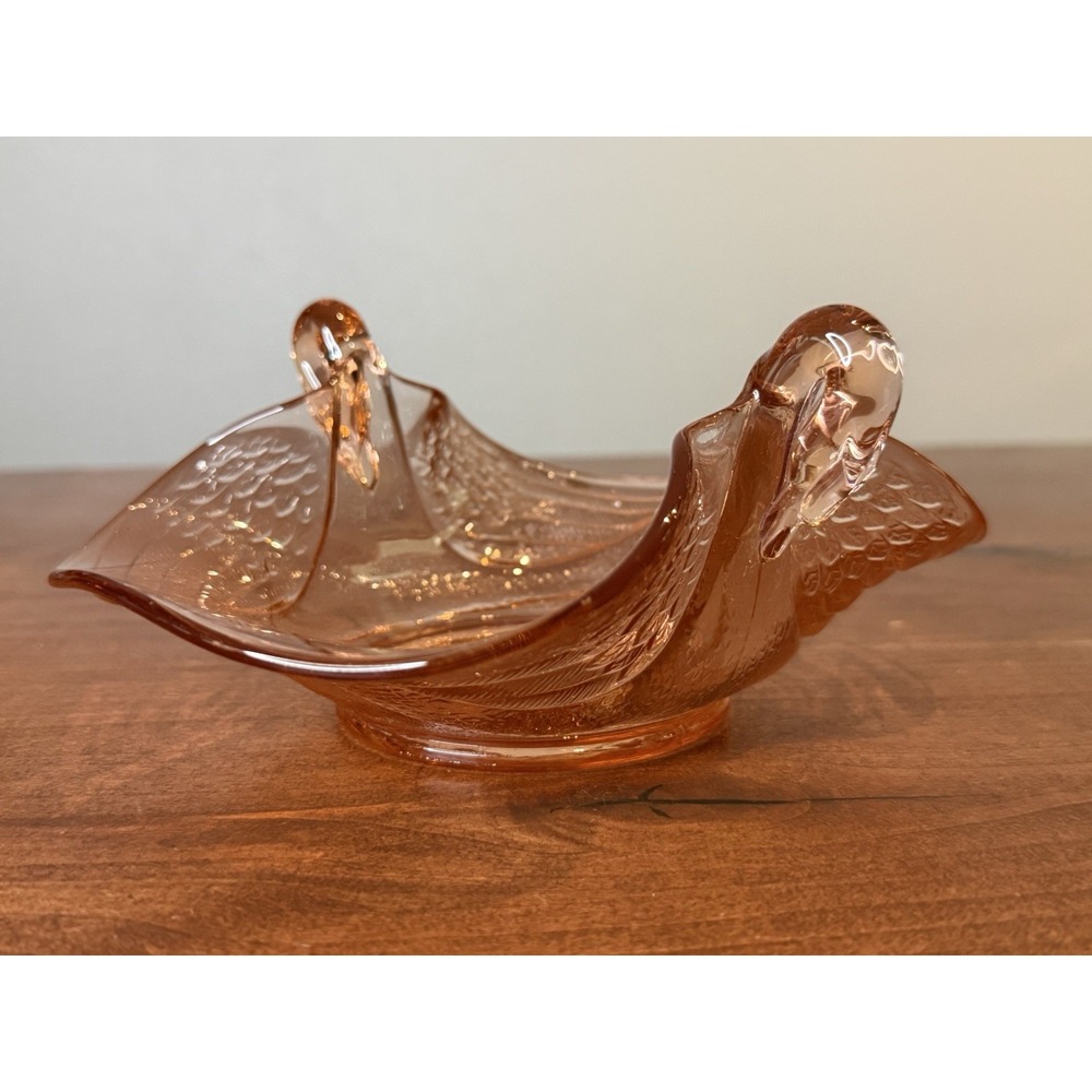 Vintage 1930s FENTON Pink Depression Glass Double SWAN Handled Candy Dish Bowl